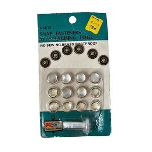 Vtg Kmart Snap Fasteners w/ Attaching Tool Brass Pearlized 6 set No Sewing